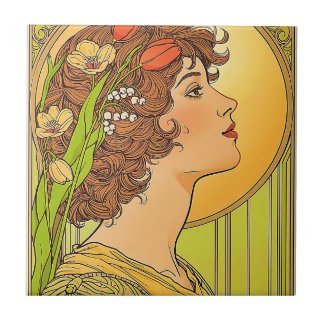 Jugendstil-Muse mit Frühlingsblumen Fliese