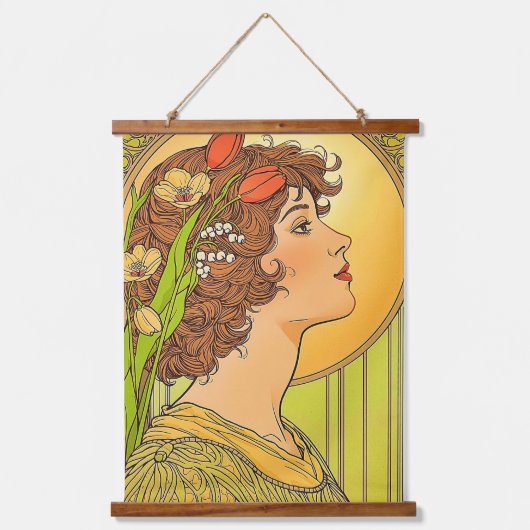 Jugendstil-Muse mit Frühlingsblumen Wandteppich Mit Holzrahmen (Vorderseite)