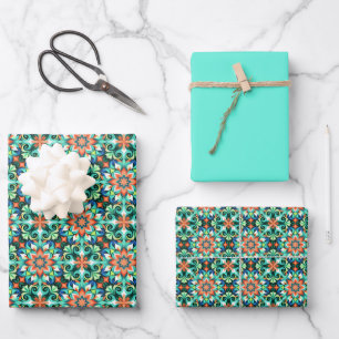 Jugendstil-Muster in tiefem Dunkel-Teal, Pfau... Geschenkpapier Set