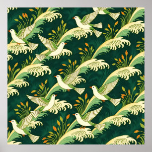 Jugendstil-Muster mit fliegenden Vögeln, elegante Poster