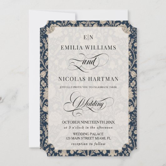 Jugendstil Navy Blau Hochzeit Einladung (Vorderseite)