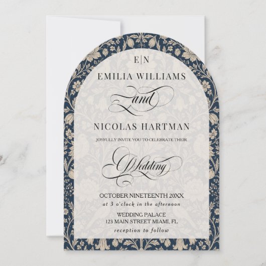 Jugendstil Navy Monogram Hochzeit Einladung (Vorderseite)