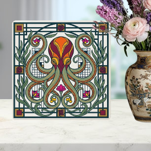 Jugendstil-Oktopus Orange Burgund Floral Fliese