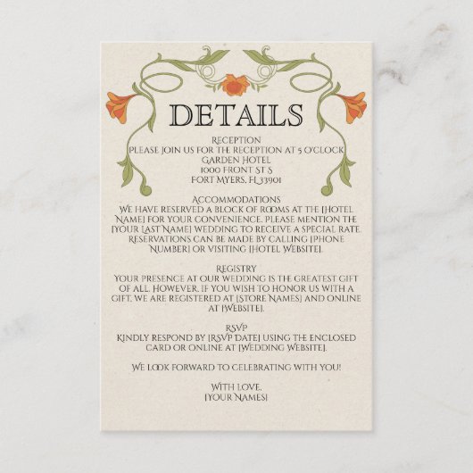 Jugendstil Orange Blumen Grüne Hochzeitsdetails Begleitkarte (Vorderseite)