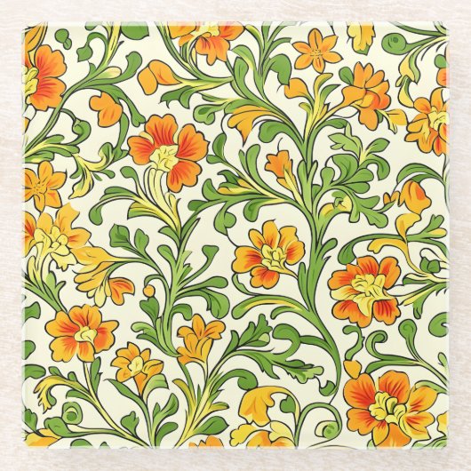 Jugendstil orange-gelbes Blumenmuster Glasuntersetzer (Vorderseite)