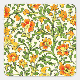 Jugendstil orange-gelbes Blumenmuster Quadratischer Aufkleber