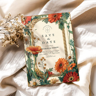 Jugendstil Orangefarbene Hochzeit mit Blumen Save The Date