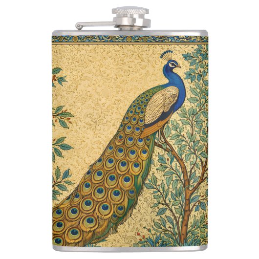 Jugendstil Pfau Botanische Illustration Flachmann (Vorderseite)