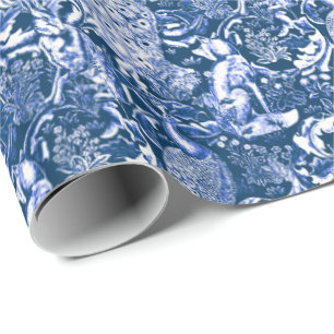 Jugendstil-Pfauen-Druck, Blau und Weiß Geschenkpapier