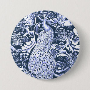 Jugendstil-Pfauen-Druck, Navy und Weiß Button