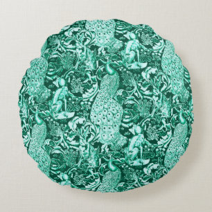 Jugendstil-Pfauendruckerei, Türkis und Aqua Rundes Kissen
