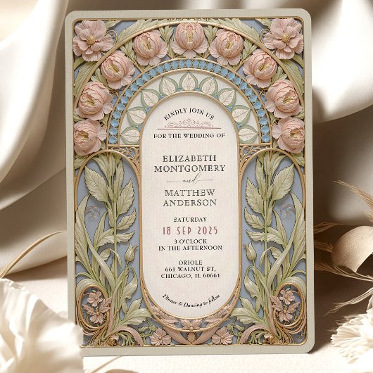 Jugendstil Pink & Blue Wedding Einladung