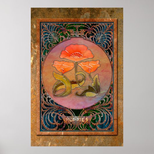 Jugendstil-Poppies in Coppery Mucha Rahmen Poster (Vorne)