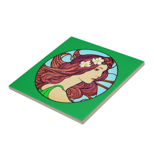 Jugendstil-Portrait einer Frau auf Smaragdgrün Fliese (Seite)