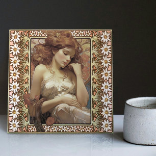 Jugendstil Portrait Mucha Edelweiss Blume Fliese