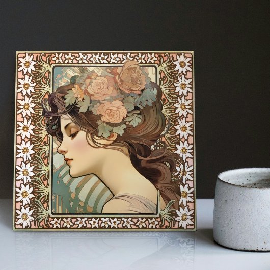 Jugendstil Portrait Mucha Edelweiss Blume Fliese