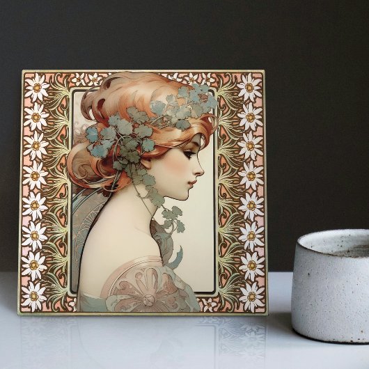 Jugendstil Portrait Mucha Edelweiss Blume Fliese
