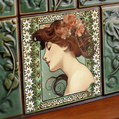 Jugendstil Portrait Mucha Edelweiss Blume Fliese