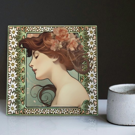 Jugendstil Portrait Mucha Edelweiss Blume Fliese