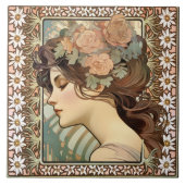 Jugendstil Portrait Mucha Edelweiss Blume Fliese (Vorderseite)