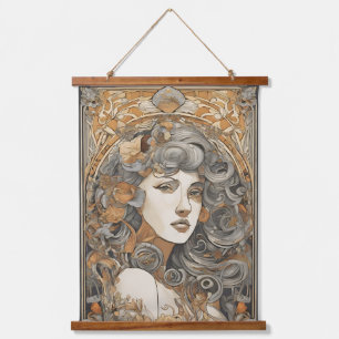 Jugendstil-Portrait Vintage Frauen Wandteppich Mit Holzrahmen