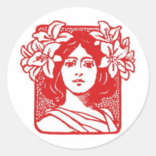 Jugendstil-Porträt der Frau mit Lilien Runder Aufkleber