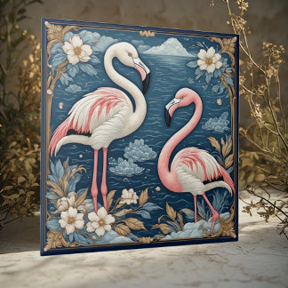 Jugendstil Romantisches Flamingo-Paar Floralmotive Fliese