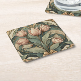 Jugendstil-Rose-Tulpen-Blumen-Papier-Untersetzer Rechteckiger Pappuntersetzer