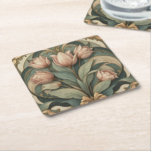 Jugendstil-Rose-Tulpen-Blumen-Papier-Untersetzer Rechteckiger Pappuntersetzer