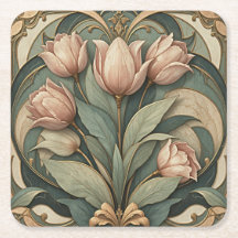 Jugendstil-Rose-Tulpen-Blumen-Papier-Untersetzer