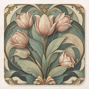 Jugendstil-Rose-Tulpen-Blumen-Papier-Untersetzer Rechteckiger Pappuntersetzer