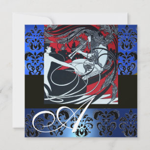JUGENDSTIL ROT SCHWARZ BLAU WEISS DAMAST MONOGRAMM EINLADUNG