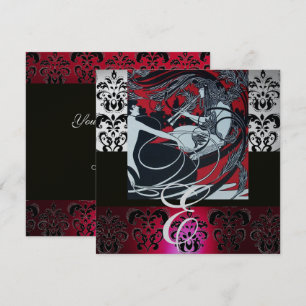 JUGENDSTIL ROT SCHWARZ GRAU SILBER DAMAST MONOGRAM EINLADUNG