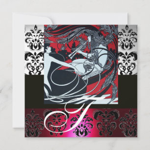 JUGENDSTIL ROT SCHWARZ GRAU WEISS DAMAST MONOGRAMM EINLADUNG