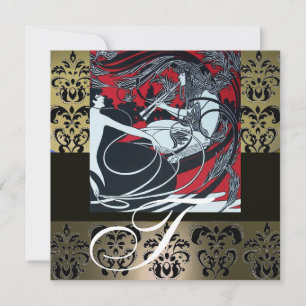JUGENDSTIL ROT SCHWARZ GRAU WEISS DAMAST MONOGRAMM EINLADUNG