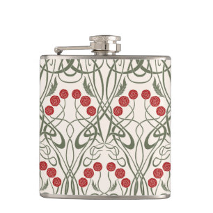 Jugendstil rote Rosen und geschwungene Stiele Flachmann