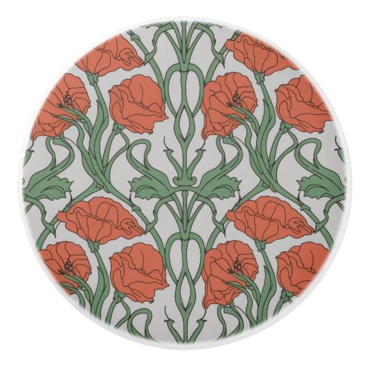 Jugendstil-Roter-Mohn-Blumen-Print Keramikknauf (Vorderseite)