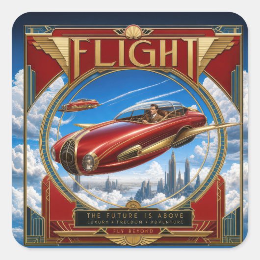 Jugendstil rotes fliegendes Auto Quadratischer Aufkleber (Vorderseite)