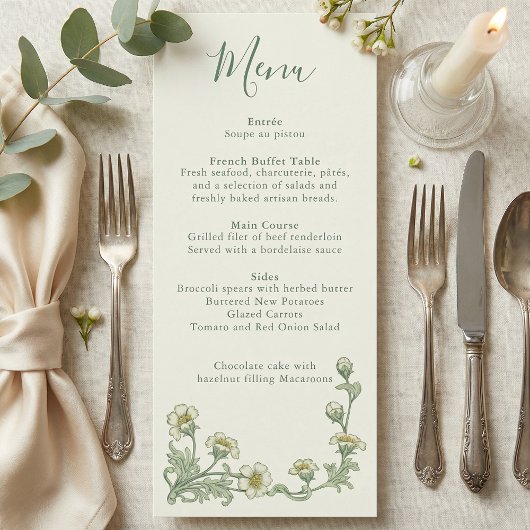 Jugendstil-Salbei-Blumenrand-Hochzeitsmenü Menükarte