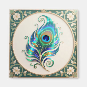 Jugendstil Schillernde Pfauenfeder Magnet
