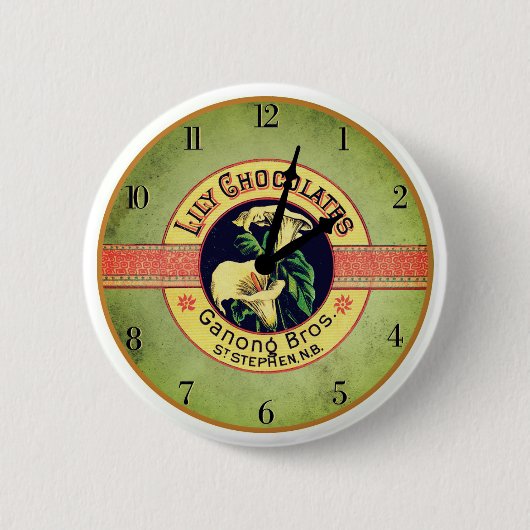 Jugendstil-Schokoladenwerbeuhr Button (Vorderseite)