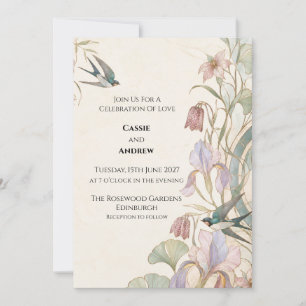 Jugendstil Schwalben-Iris-Garten-Hochzeit Einladung