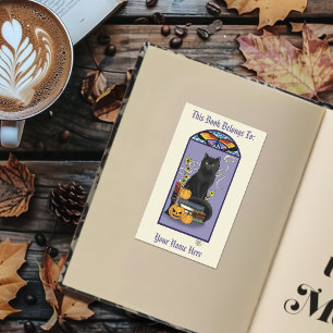 Jugendstil-Schwarze-Katze-Kürbis-Violette-Exlibris Rechteckiger Aufkleber