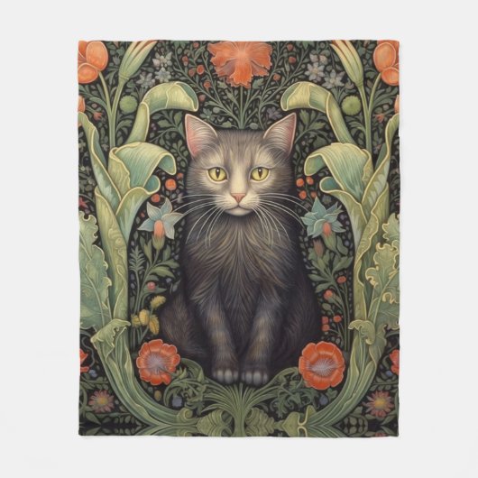 Jugendstil-Schwarzkatze und rote Blume Fleecedecke (Vorderseite)
