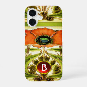JUGENDSTIL STILISIERTER GRÜNER ROTER MOHN-EDELSTEI iPhone 16 HÜLLE