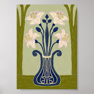 Jugendstil Symmetrische Lilien-Illustration in Kob Poster