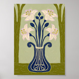 Jugendstil Symmetrische Lilien-Illustration in Kob Poster