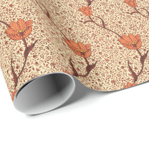 Jugendstil-Tulpen-Damaskus, Korallenrot und Beige Geschenkpapier