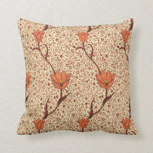 Jugendstil-Tulpen-Damaskus, Korallenrot und Beige Kissen