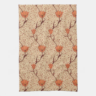 Jugendstil-Tulpen-Damaskus, Korallenrot und Beige Küchentuch